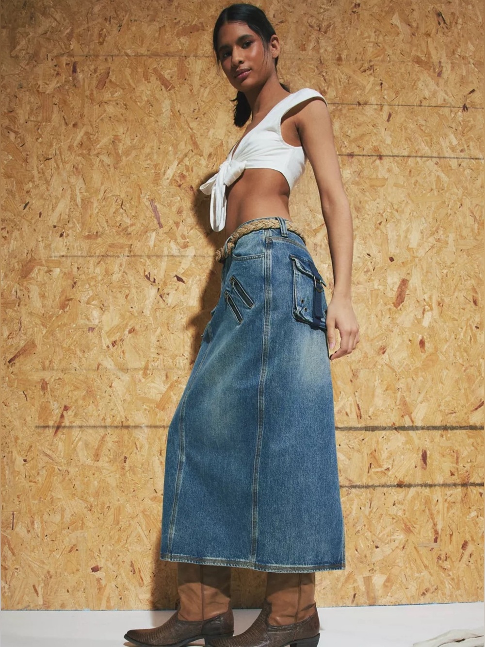 GUESS ORIGINALS Denim Cargo Midi Skirt